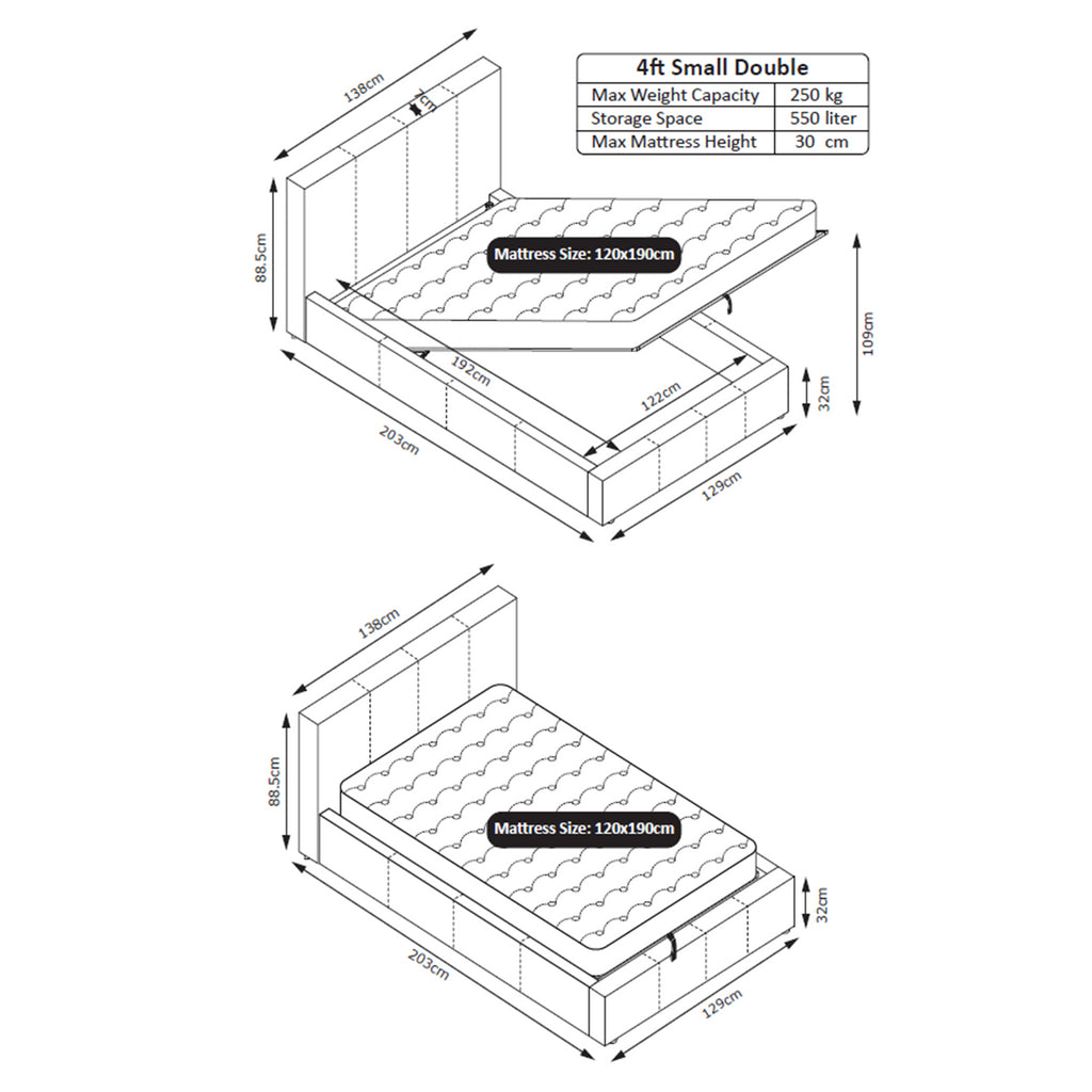 LUNA 4FT Small Double Grey Ottoman Storage Bed with Gas Lift & 25cm Thick Memory Foam Mattress - L: 203cm x W: 138cm x H: 88.5cm