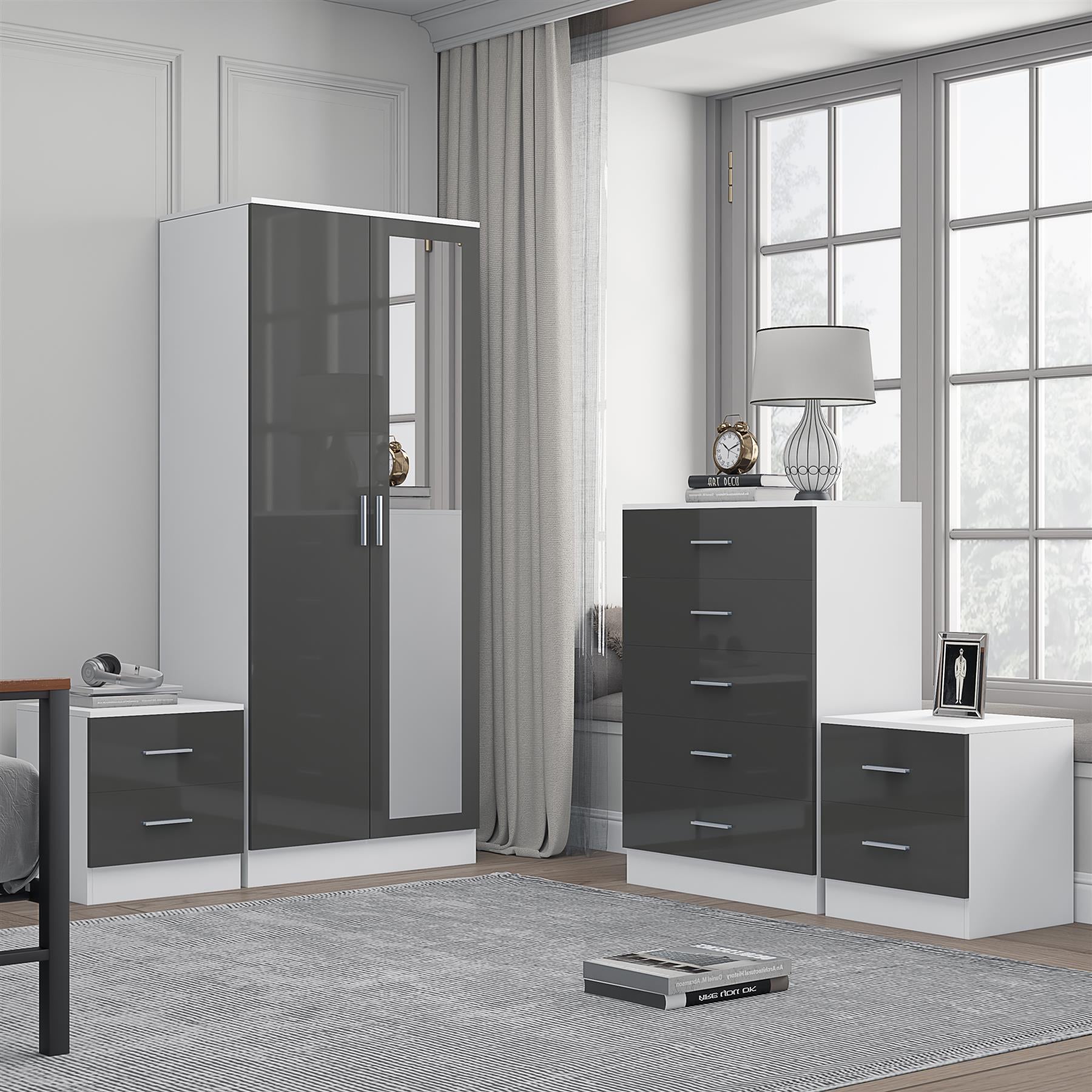 Reflect 2 Door Mirror Wardrobe, 5 Drawer Chest, 2x 2 Drawer Bedsides - Grey Gloss & Matt White - Modern Bedroom Furniture Set