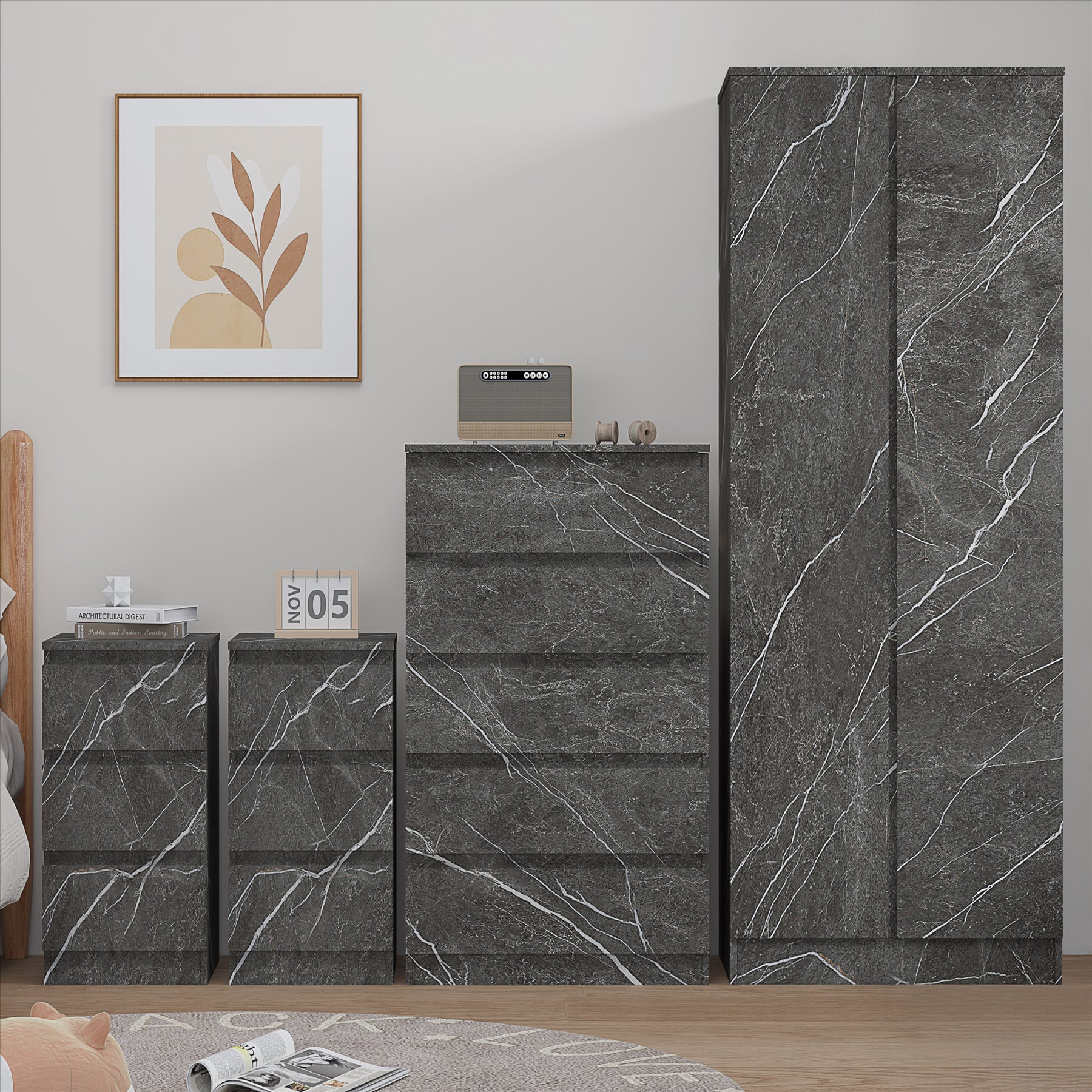 ZITA 4pc Set - 2 Door Wardrobe + Tall Chest + 2 Bedsides in White OR Grey Marble