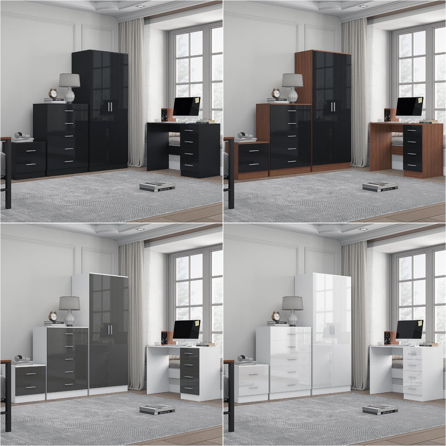 REFLECT Gloss 4pc Bedroom Set - 2 Door Wardrobe + 5 Draw Chest + Bedside + Desk
