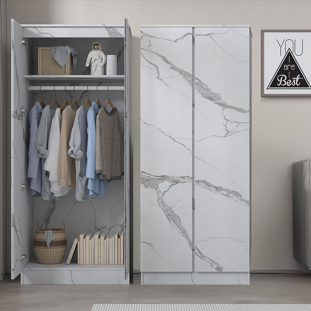 ZITA White Marble Effect 2 Piece Wardrobe Bundle - 2 x 2-Door Wardrobes, (L) 50cm x (W) 76cm x (H) 180cm.