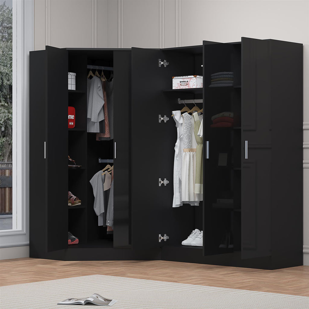 Reflect 2pc Wardrobe Bundle - 2 Door Corner + 3 Door Plain - Black Gloss & Black Oak - H: 180cm x W: 179cm x D: 103cm