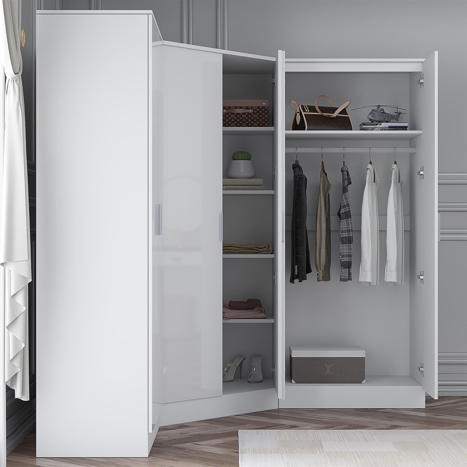 Reflect 3pc Wardrobe Bundle - 2 Door Corner + 2x 2 Door Plain - White Gloss & Matt White