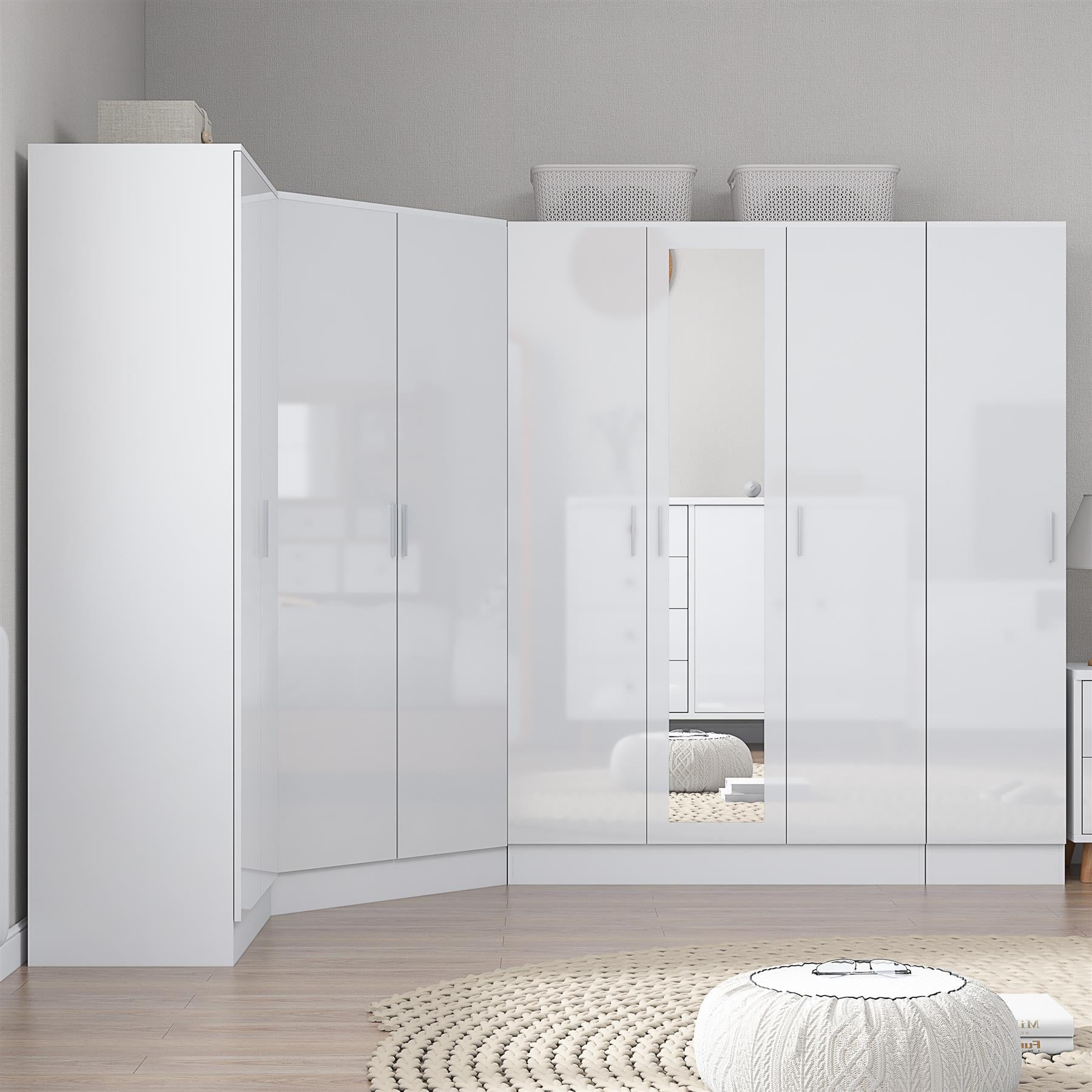 Reflect 4pc Wardrobe Bundle - 2 Door Corner + 3 Door Mirror + 2dr + 1dr Plain - White Gloss & Matt White