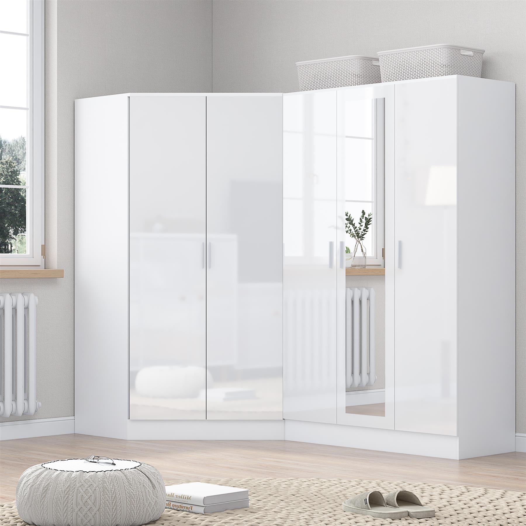 REFLECT Gloss 5 Door Wardrobe Bundle - 2 Door Corner + 3 Door Mirror Bedroom Set
