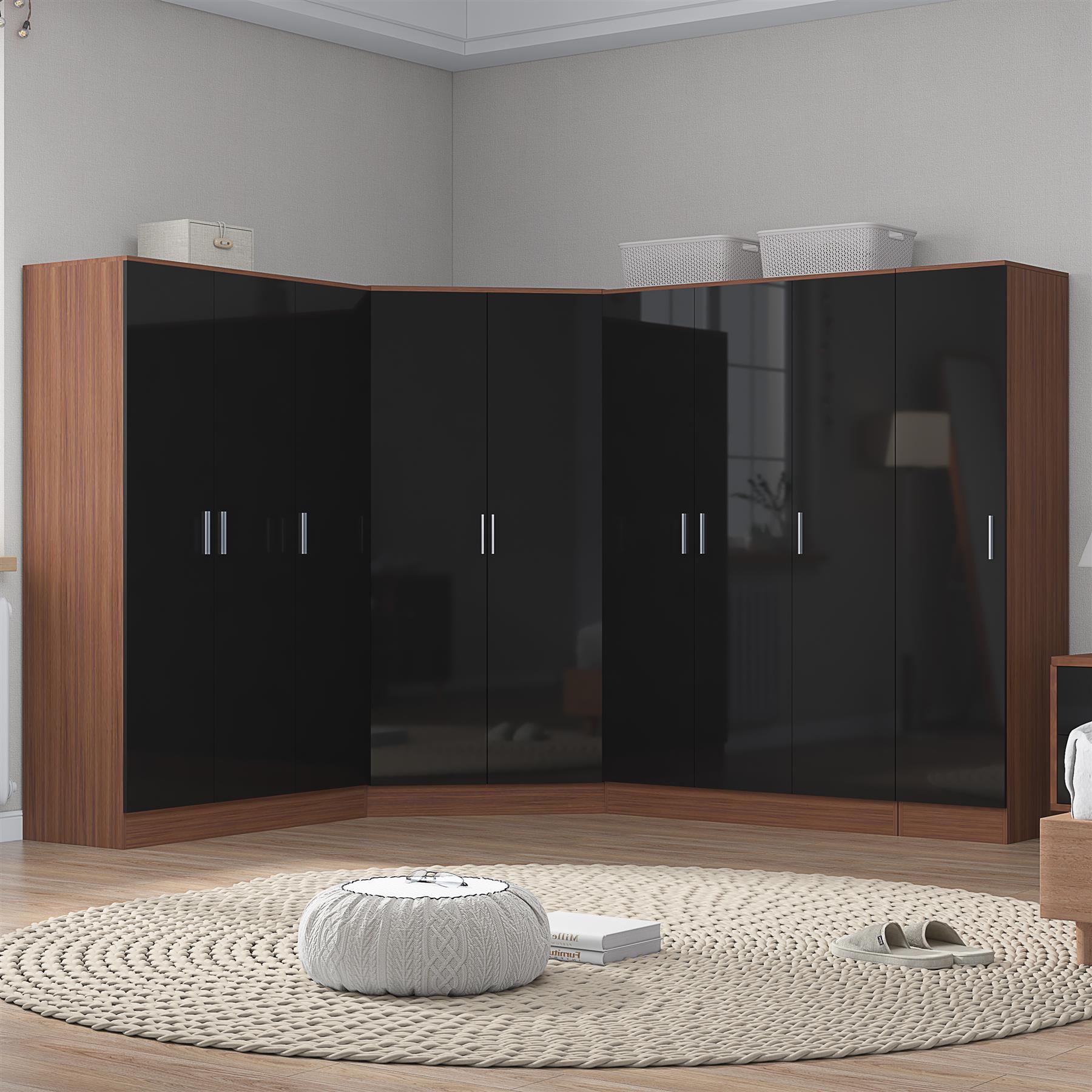 Reflect 4pc Wardrobe Bundle - 2 Door Corner + 2x 3 Door Plain + 1 Door Plain - Black Gloss & Walnut