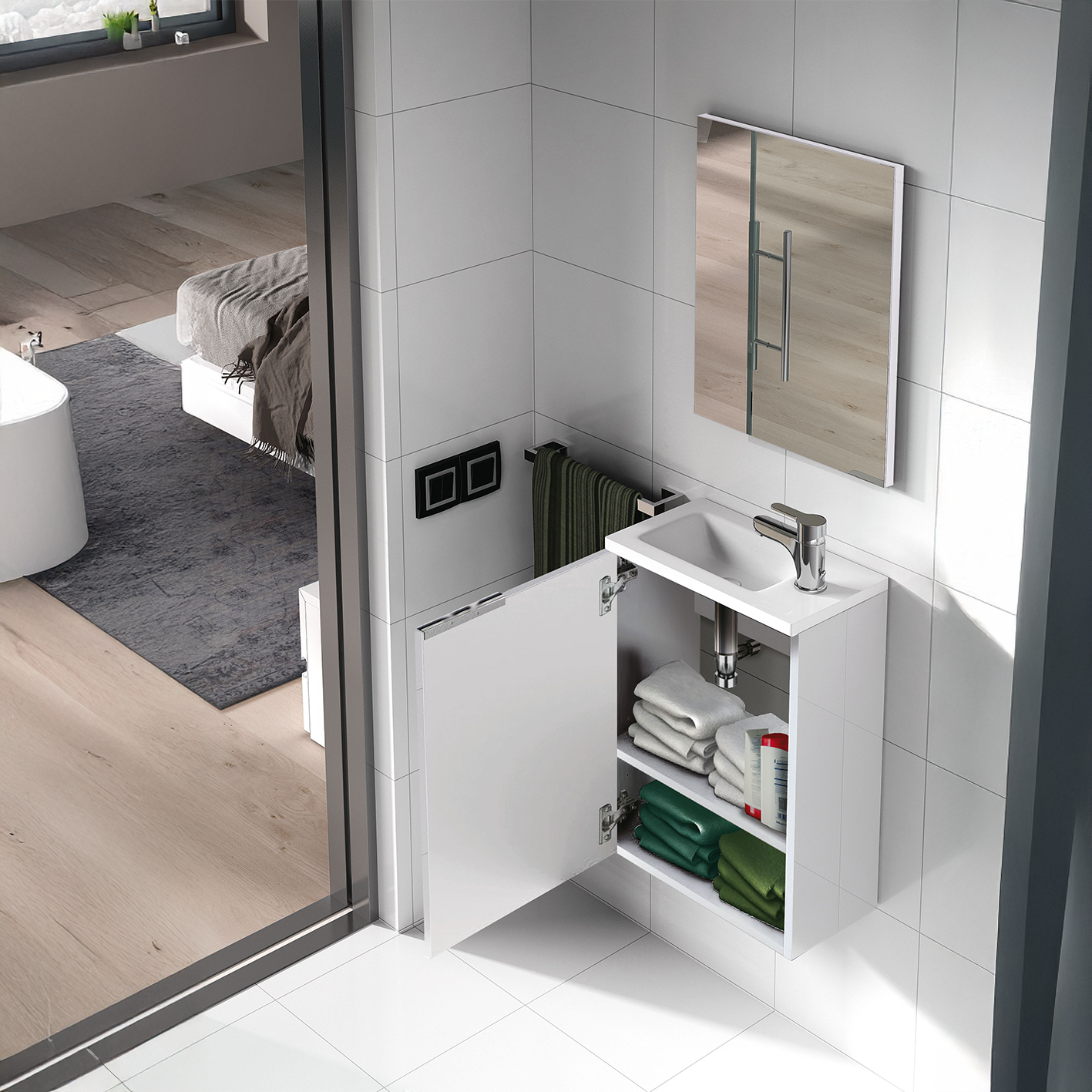 Compact 40cm Wide Bathroom Unit with Sink Unit + Mirror - White