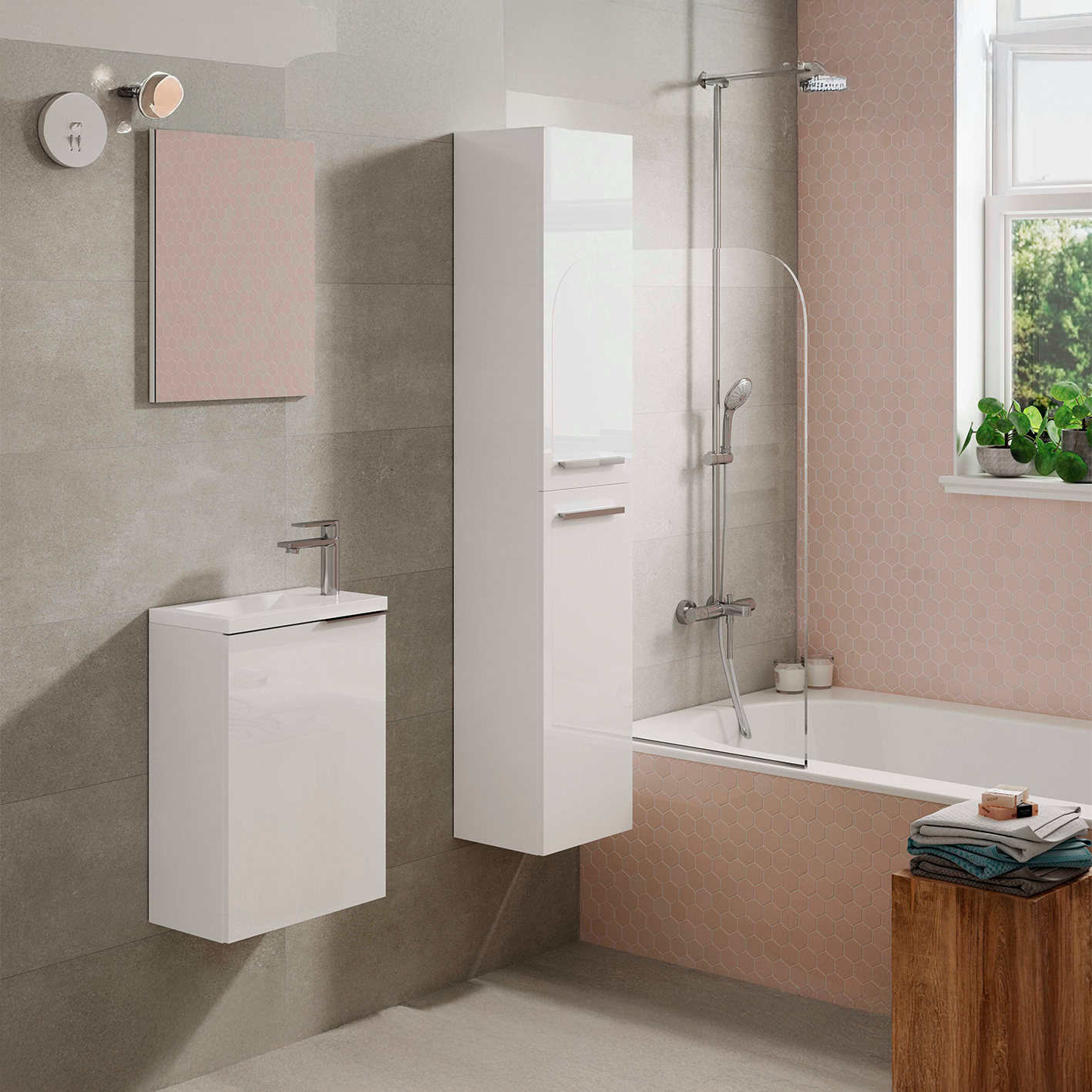 Compact 40cm Wide Bathroom Unit with Sink Unit + Mirror - White