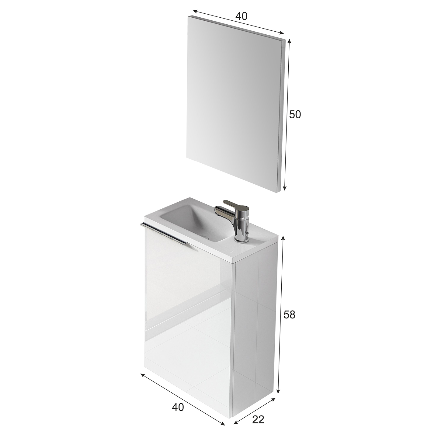 Compact 40cm Wide Bathroom Unit with Sink Unit + Mirror - White