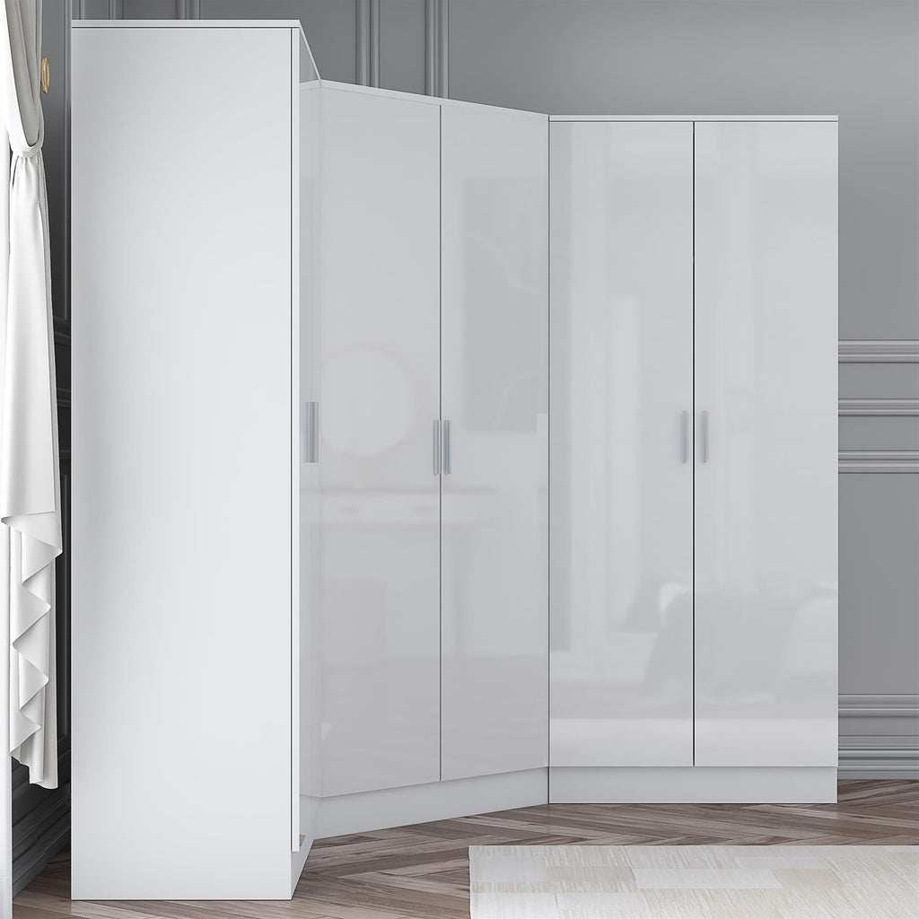 Reflect 3pc Wardrobe Bundle - 2 Door Corner + 2x 2 Door Plain - White Gloss & Matt White
