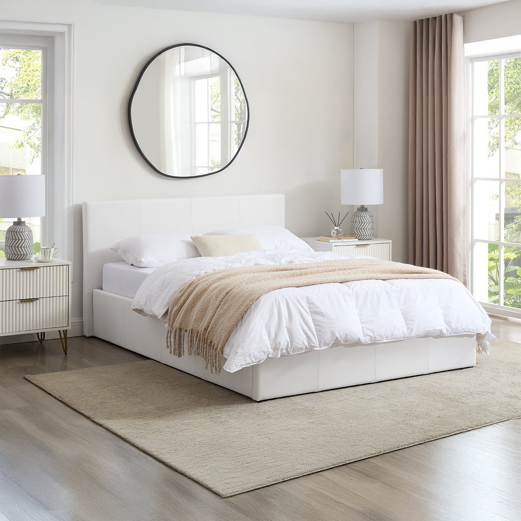LUNA 4FT Small Double White Ottoman Storage Bed with Gas Lift & 25cm Thick Memory Foam Mattress - L: 203cm x W: 138cm x H: 88.5cm