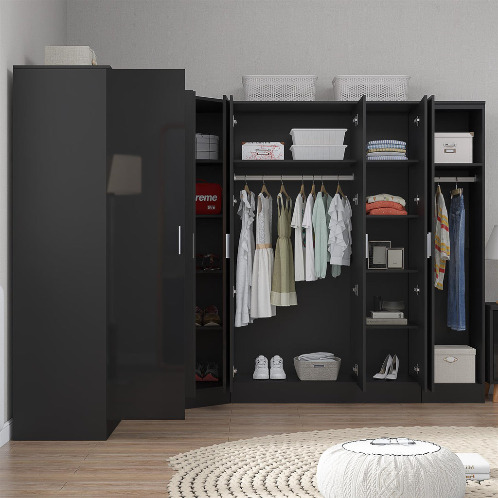 Reflect 4pc Wardrobe Bundle - 2 Door Corner + 3 Door Mirror + 2dr + 1dr Plain - Black Gloss & Black Oak