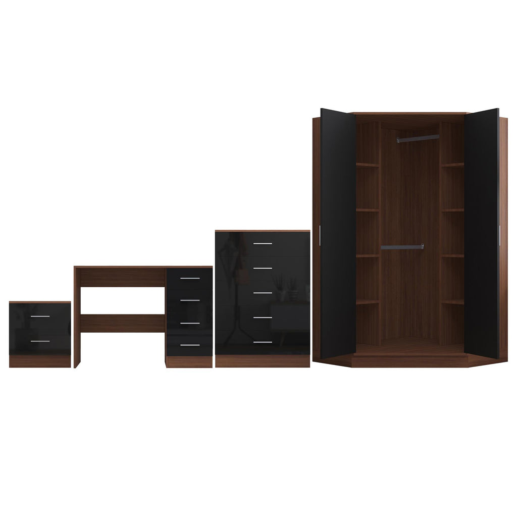 Reflect 2 Door Corner Wardrobe, 5 Drawer Chest, 2 Drawer Bedside & Desk - Black Gloss & Walnut - Bedroom Furniture Set