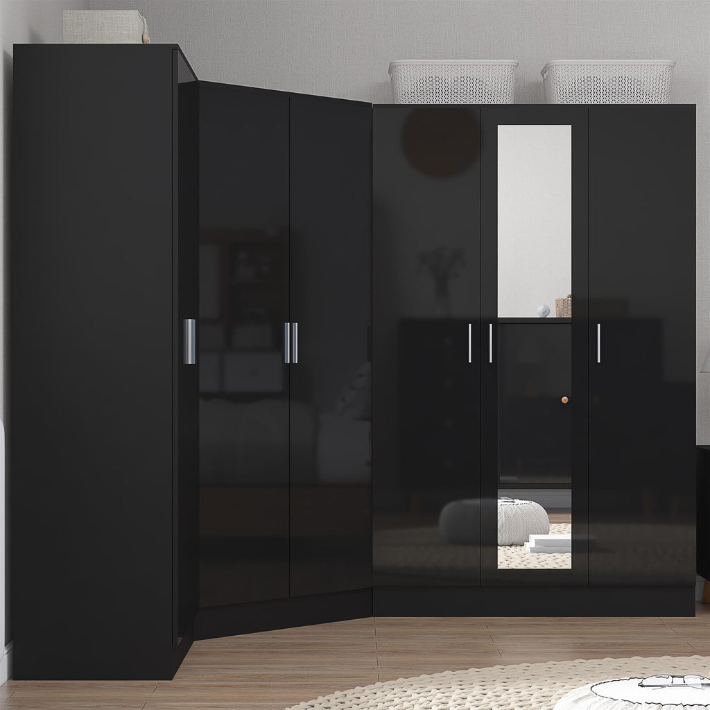 Reflect 3pc Wardrobe Bundle - 2 Door Corner + 3 Door Mirror + 2 Door Plain - Black Gloss & Black Oak