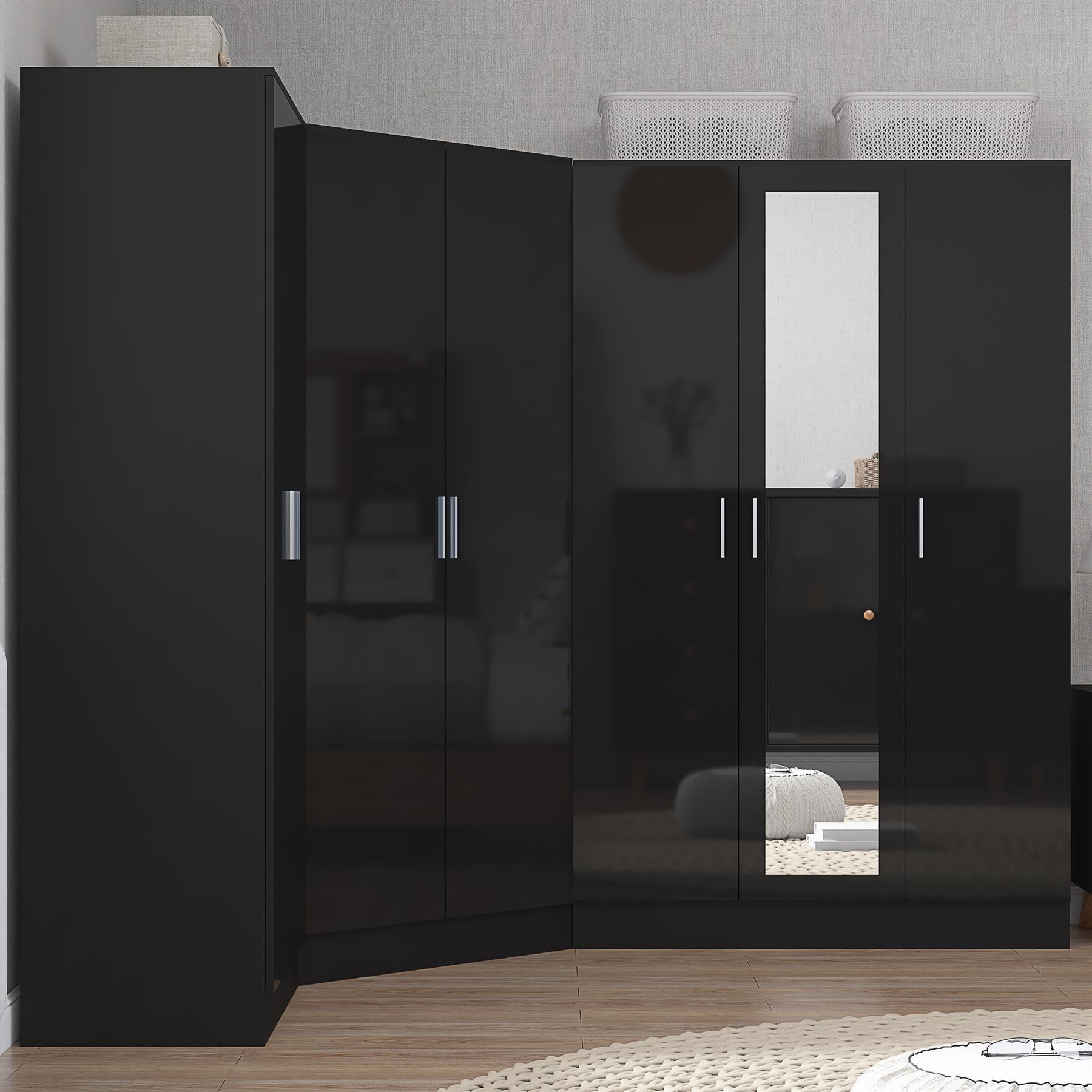 REFLECT Gloss 7 Door Wardrobe Bundle - Corner + 3dr Mirror + Double Wardrobe
