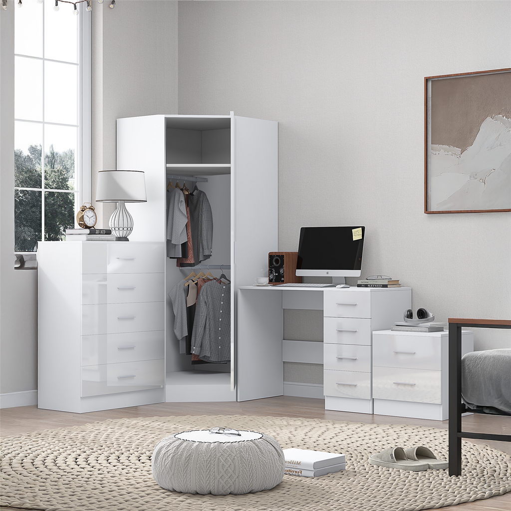 REFLECT - 1 Door Corner + 5 Drawer Chest + 2 Drawer Bedside + 4 Drawer Desk in Gloss White / Matt White