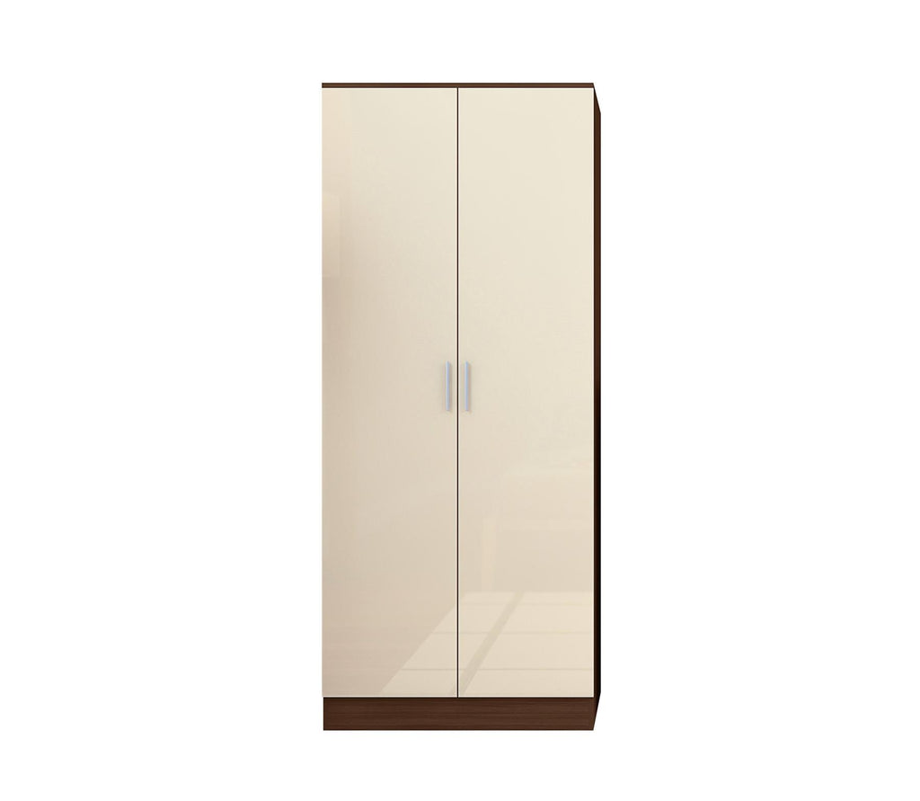 Reflect 2 Door Plain Wardrobe - Cream Gloss & Walnut - Hanging Rails & Shelves - H: 180cm x W: 76cm - Modern Sleek Design
