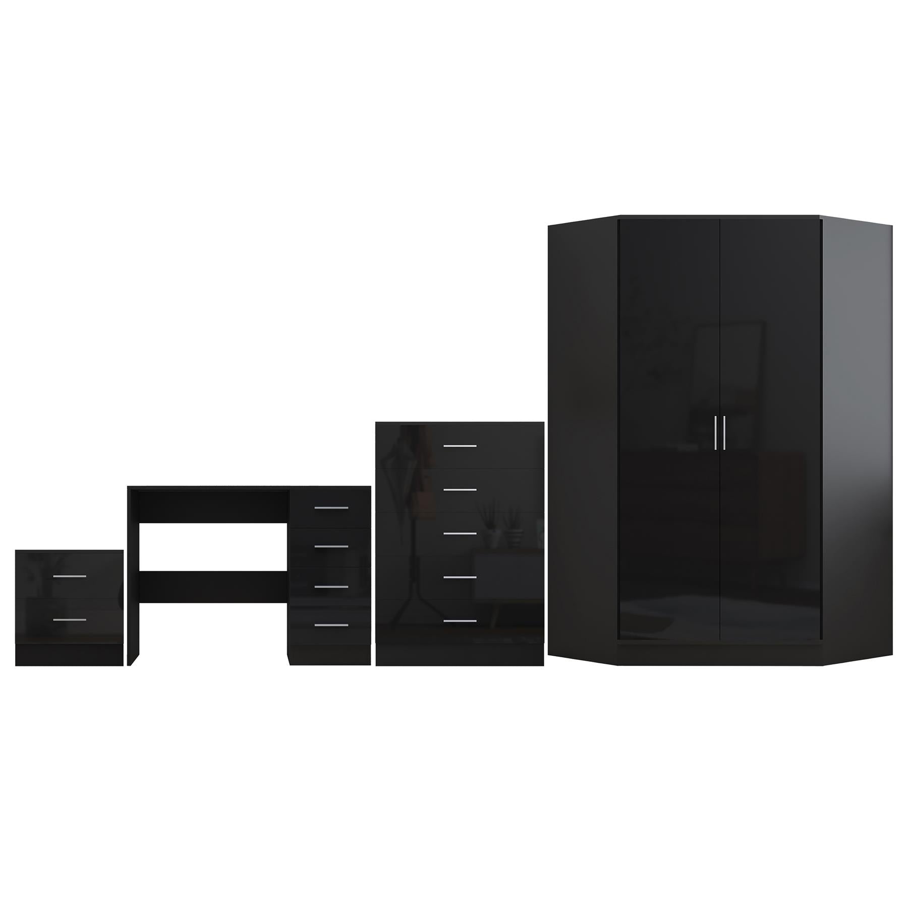 REFLECT Gloss 4pc Set - 2 Door Corner Wardrobe + 5 Draw Chest + Bedside + Desk