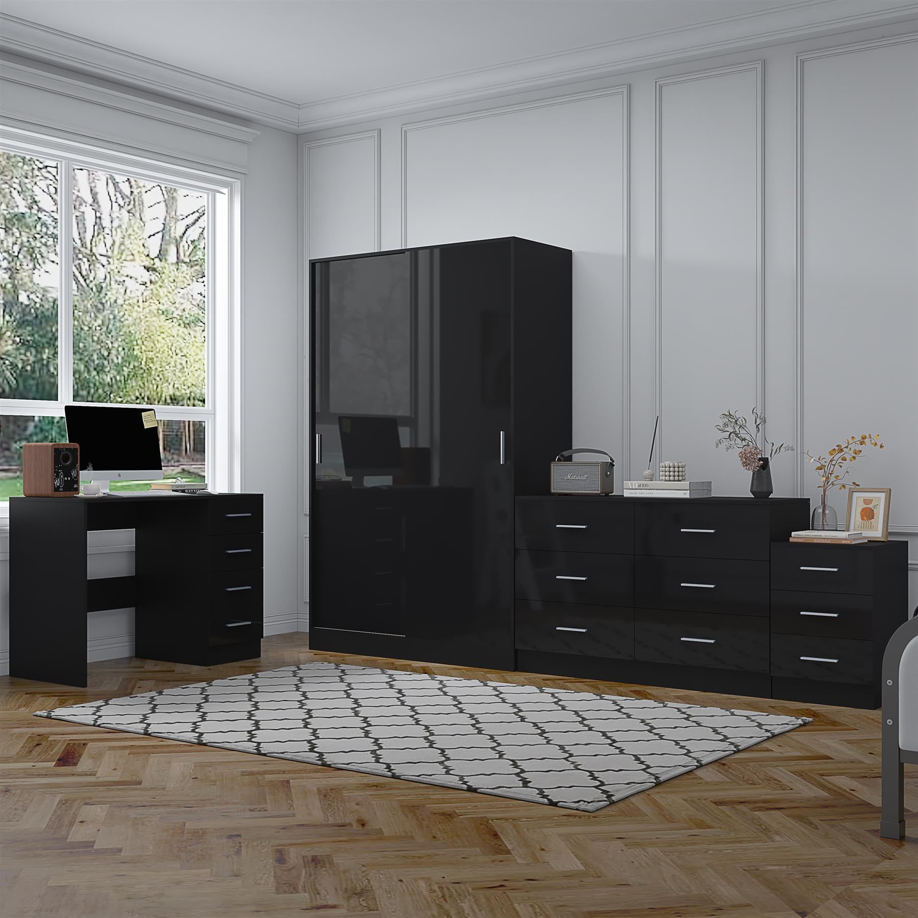 REFLECT Gloss 4pc Set - 2 Door Sliding Wardrobe + Wide Chest + Bedside + Desk.