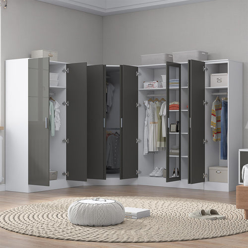 Reflect 4pc Wardrobe Bundle - 2 Door Corner + 3 Door Mirror + 3 Door Plain + 1 Door Plain - Grey Gloss & Matt White