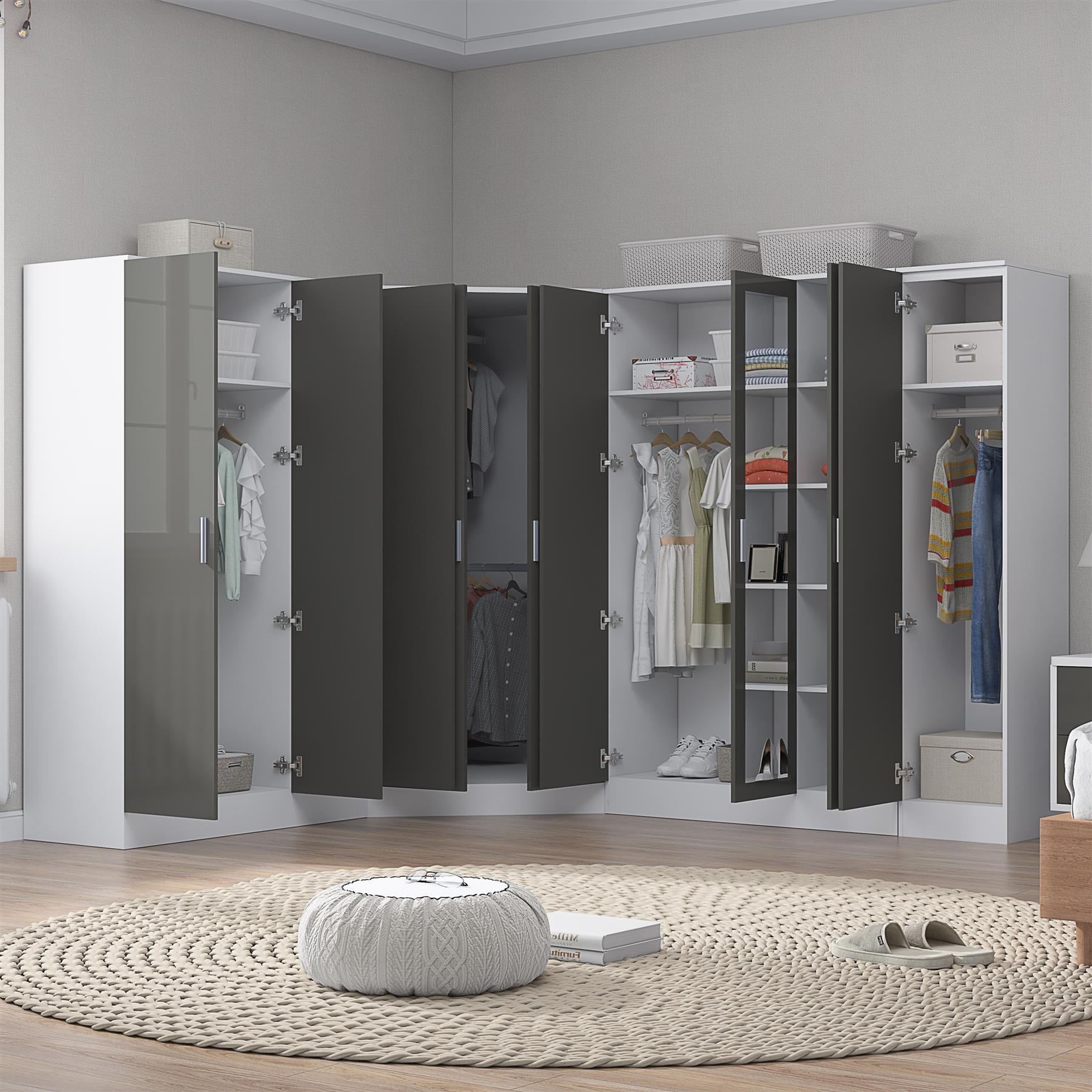 REFLECT Gloss 4pc Set - 2dr Corner Wardrobe + 3dr Mirror + 3dr Plain + 1dr Plain