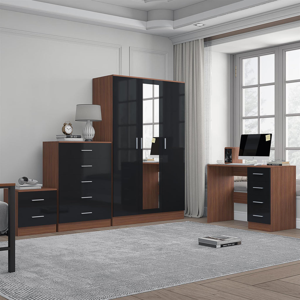 Reflect 3 Door Mirror Wardrobe, 5 Drawer Chest, 2 Drawer Bedside & Desk - Black Gloss & Walnut - Modern Bedroom Furniture Set