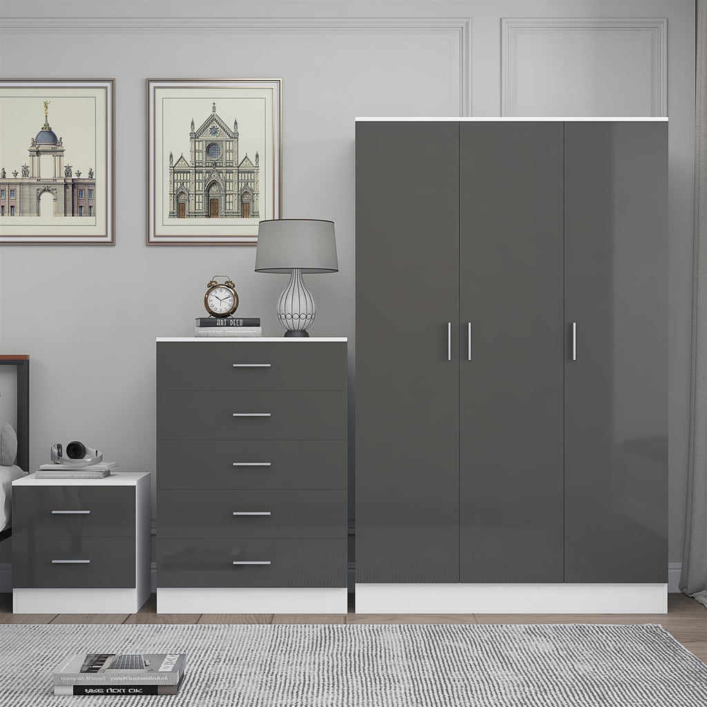 Reflect 3 Door Plain Wardrobe, 5 Drawer Chest, 2 Drawer Bedside - Grey Gloss & Matt White - Modern Bedroom Furniture Set