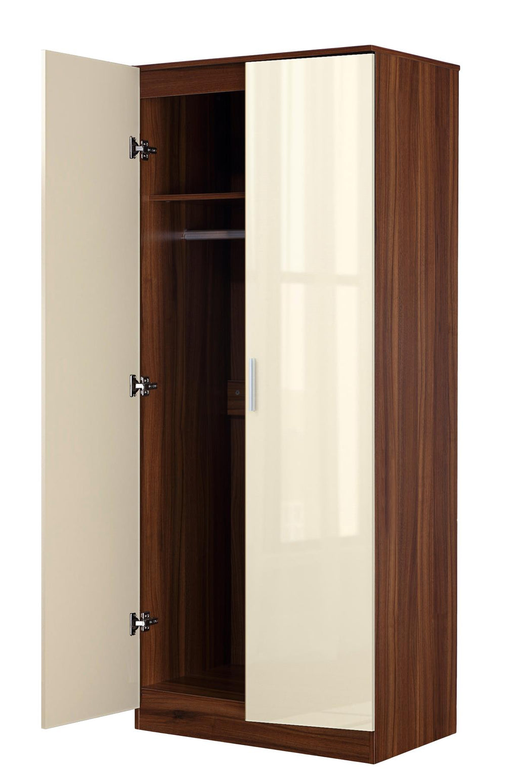 Reflect 2 Door Plain Wardrobe - Cream Gloss & Walnut - Hanging Rails & Shelves - H: 180cm x W: 76cm - Modern Sleek Design