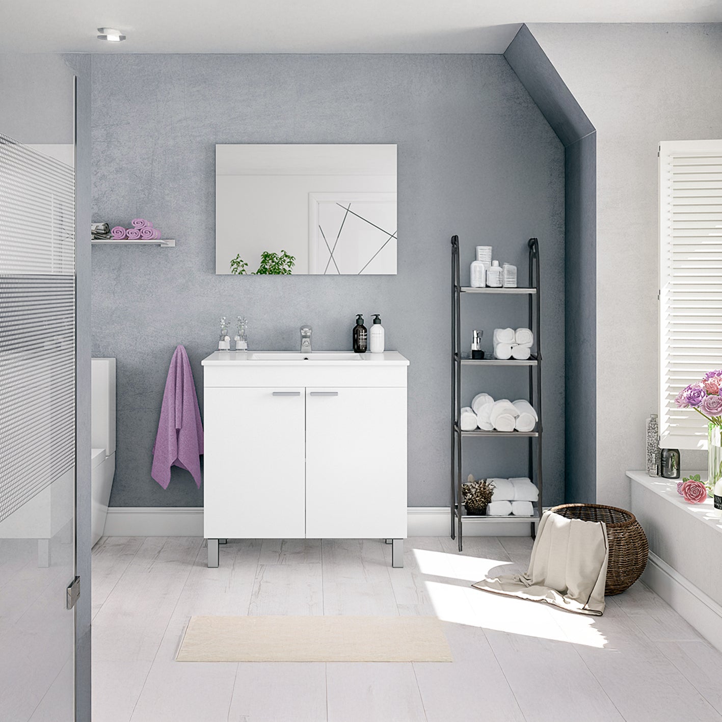 BALTIC 80cm Wide White Sink Unit 2 Door Under Basin Cabinet with Mirror.