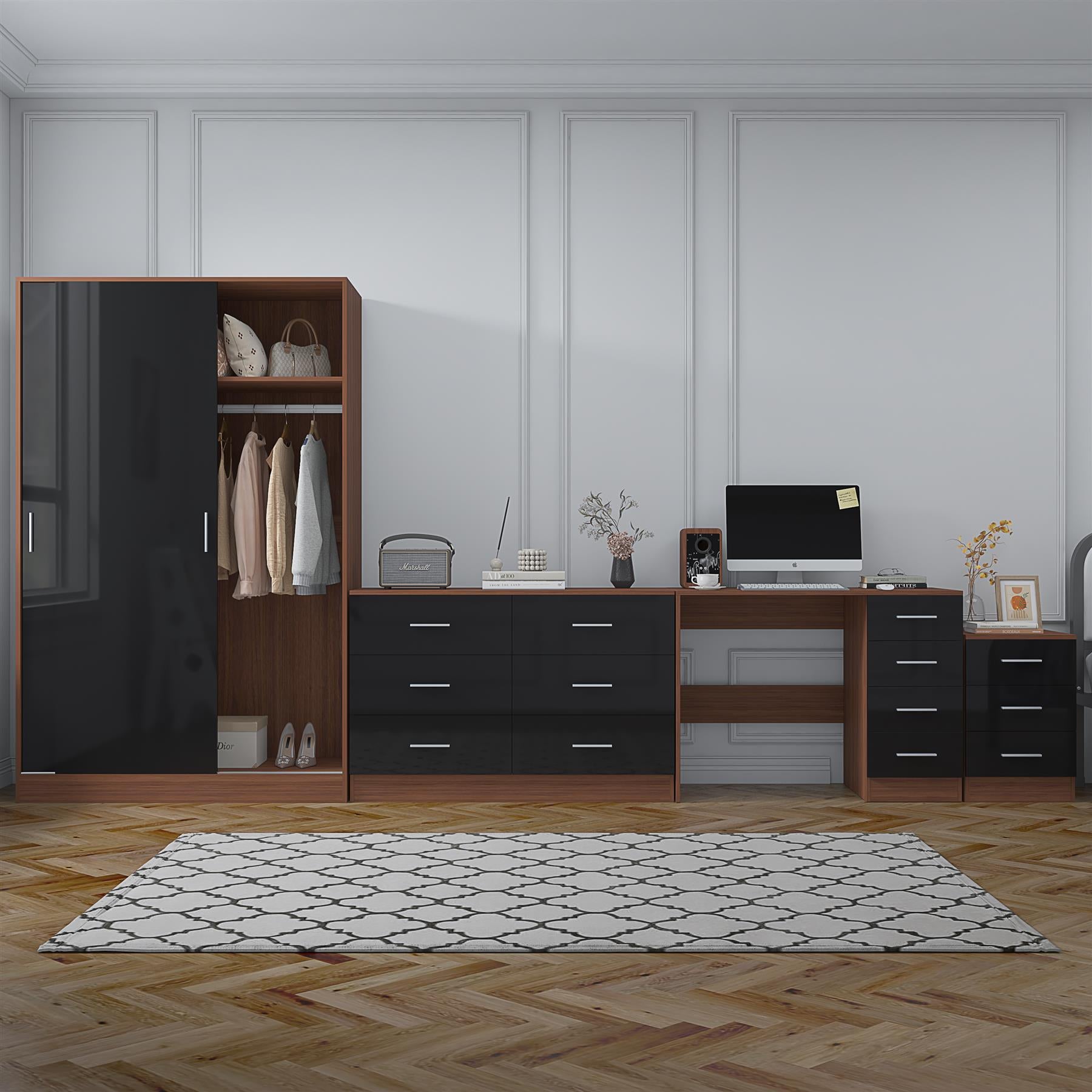 REFLECT Gloss 4pc Set - 2 Door Sliding Wardrobe + Wide Chest + Bedside + Desk