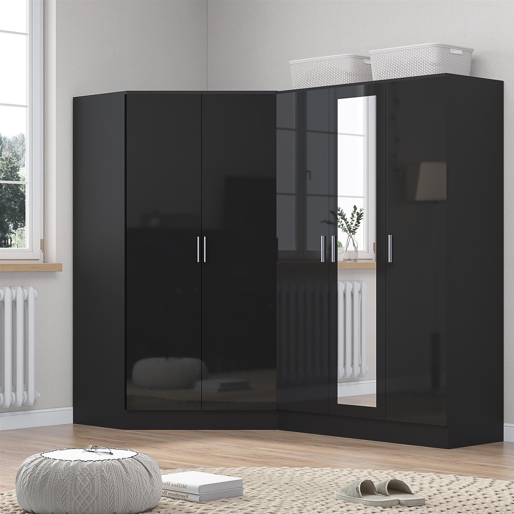 REFLECT Gloss 5 Door Wardrobe Bundle - 2 Door Corner + 3 Door Mirror Bedroom Set