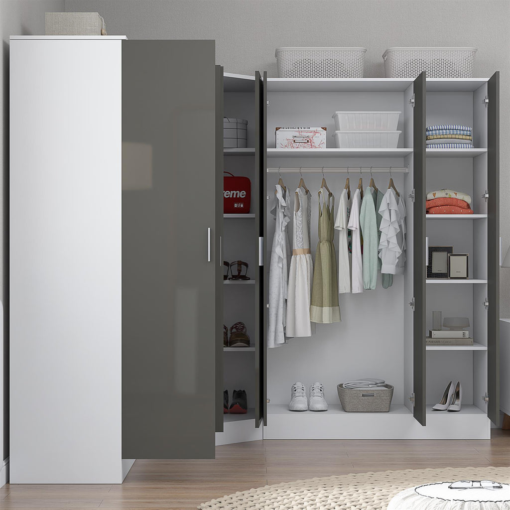Reflect 4pc Wardrobe Bundle - 2 Door Corner + 3 Door Plain + 2 Door Plain - Grey Gloss & Matt White