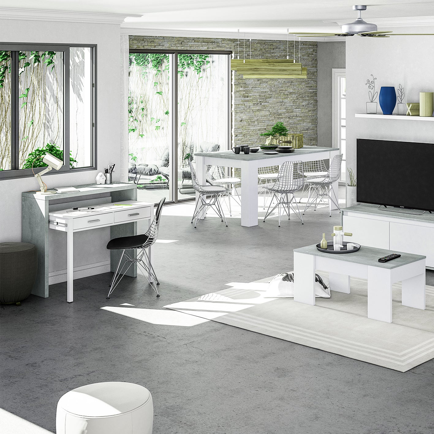AMBRA Extending Computer Desk with 2 Storage Drawers - Home Office & Console Table for Bedroom, Living Room, Hallway - White/Grey.