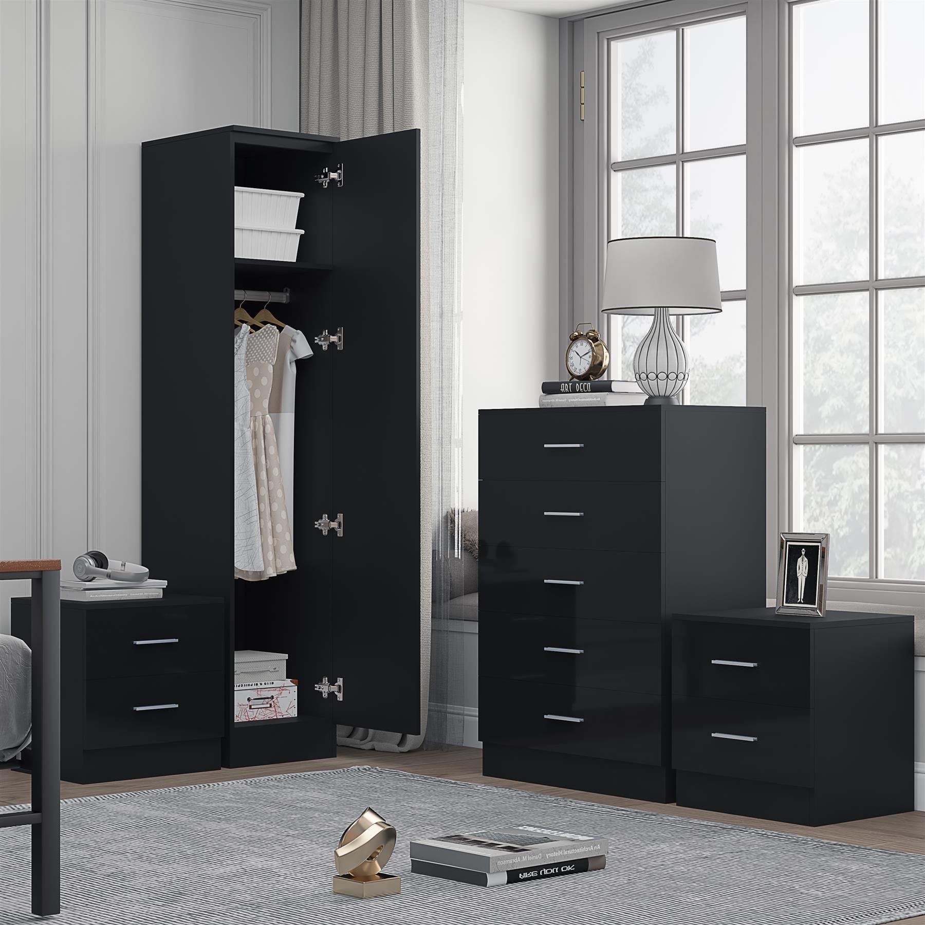 REFLECT Gloss 4pc Bedroom Set - 1 Door Wardrobe + 5 Draw Chest + 2 Bedsides