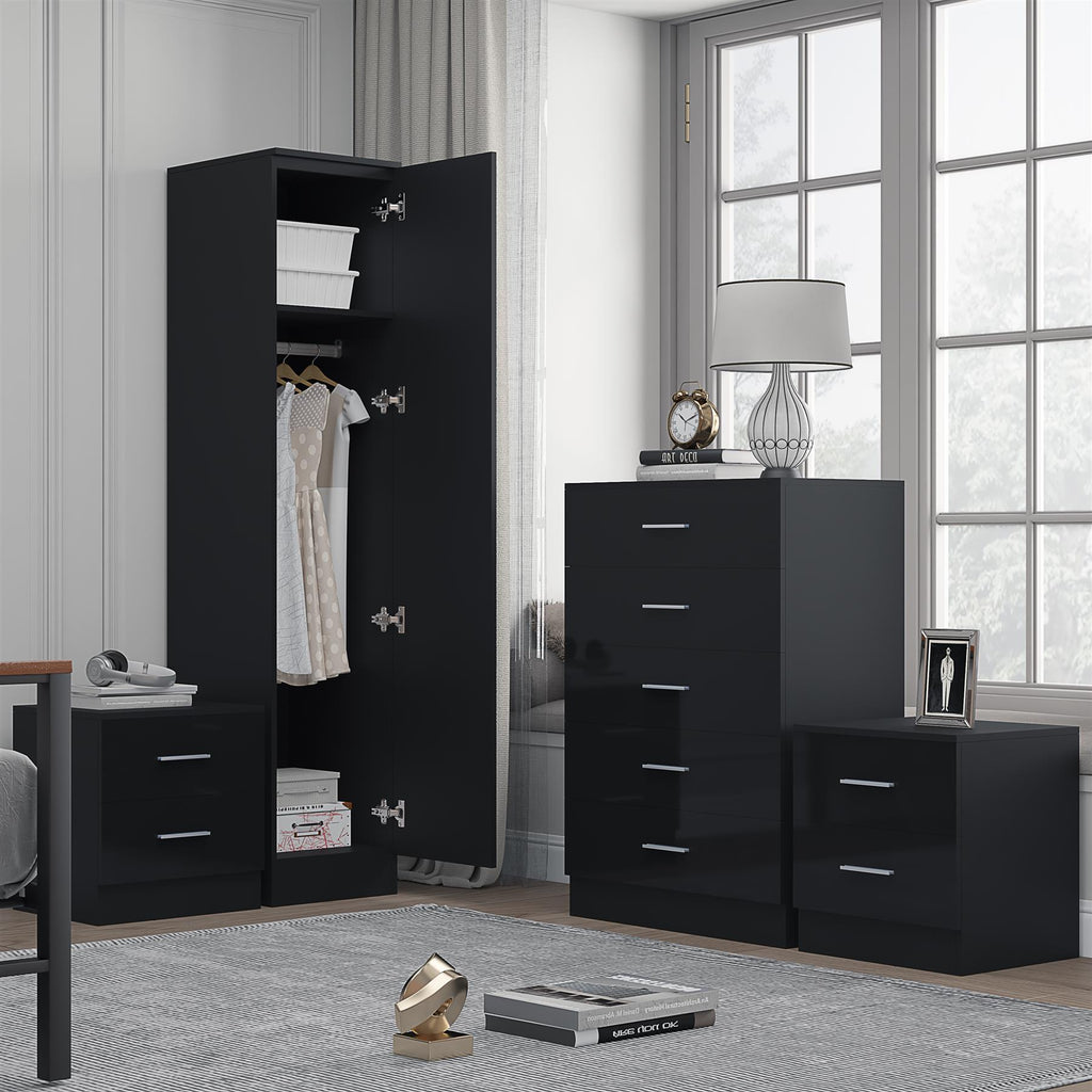 Reflect 1 Door Plain Wardrobe, 5 Drawer Chest, 2x 2 Drawer Bedsides - Black Gloss & Black Oak - Modern Bedroom Furniture Set