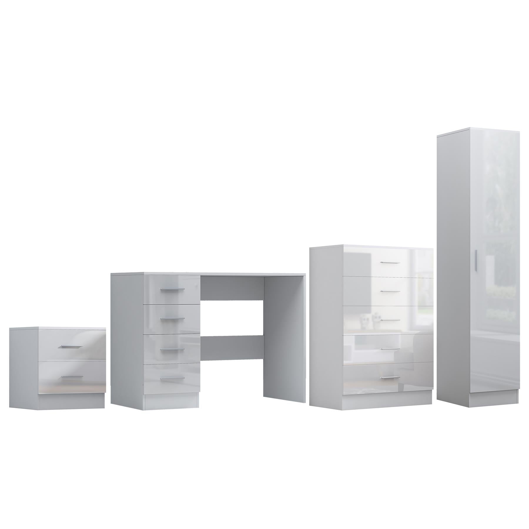 REFLECT Gloss 4pc Bedroom Set - 1 Door Wardrobe + 5 Draw Chest + Bedside + Desk