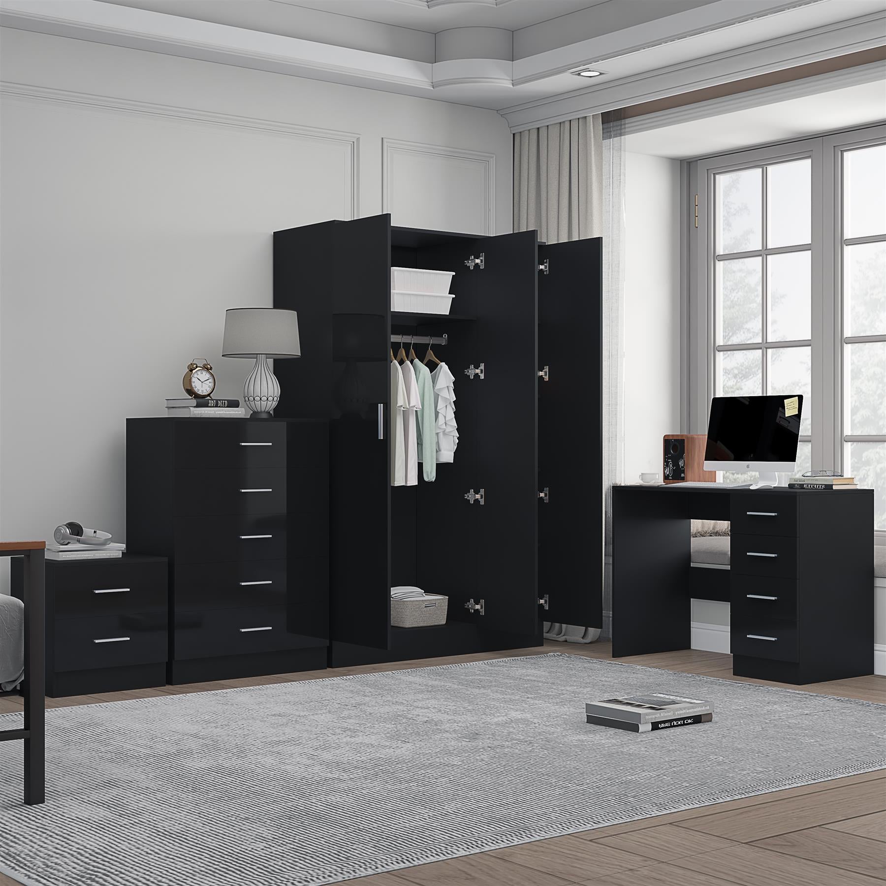 Reflect 3 Door Mirror Wardrobe, 5 Drawer Chest, 2 Drawer Bedside & Desk - Black Gloss & Black Oak - Modern Bedroom Furniture Set