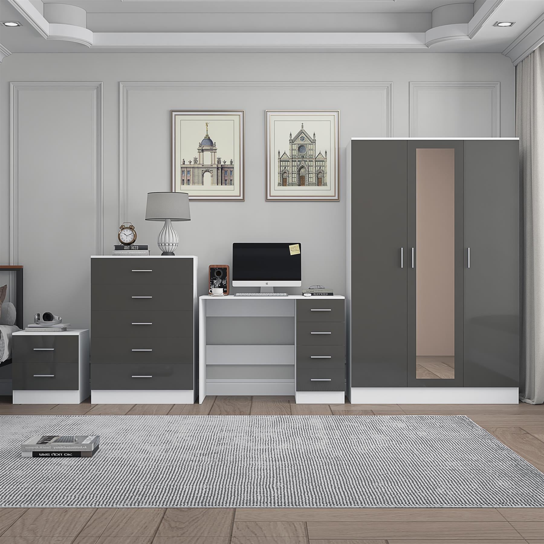 Reflect 3 Door Mirror Wardrobe, 5 Drawer Chest, 2 Drawer Bedside & Desk - Grey Gloss & Matt White - Modern Bedroom Furniture Set