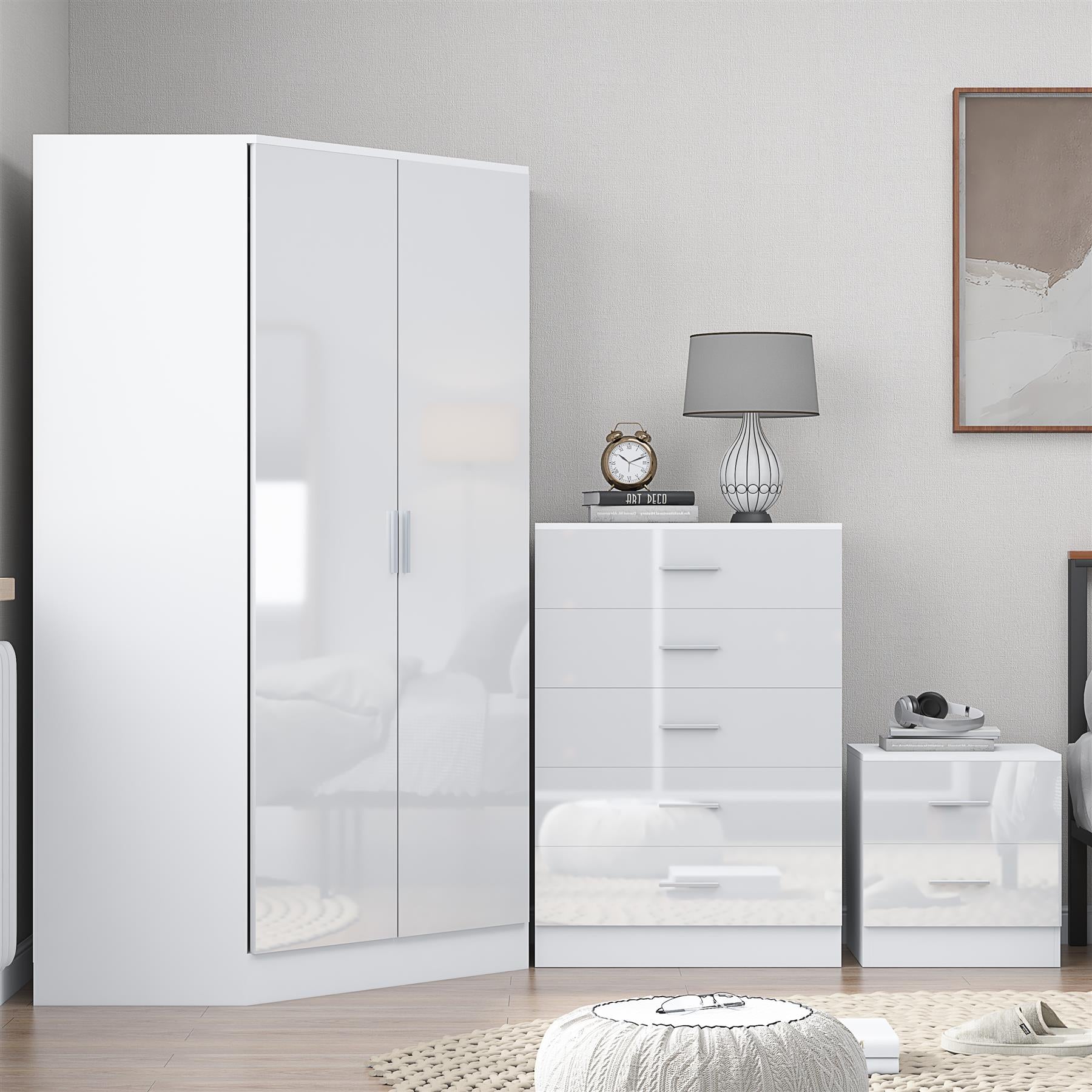 REFLECT Gloss 4pc Set - 2 Door Corner Wardrobe + 5 Draw Chest + Bedside