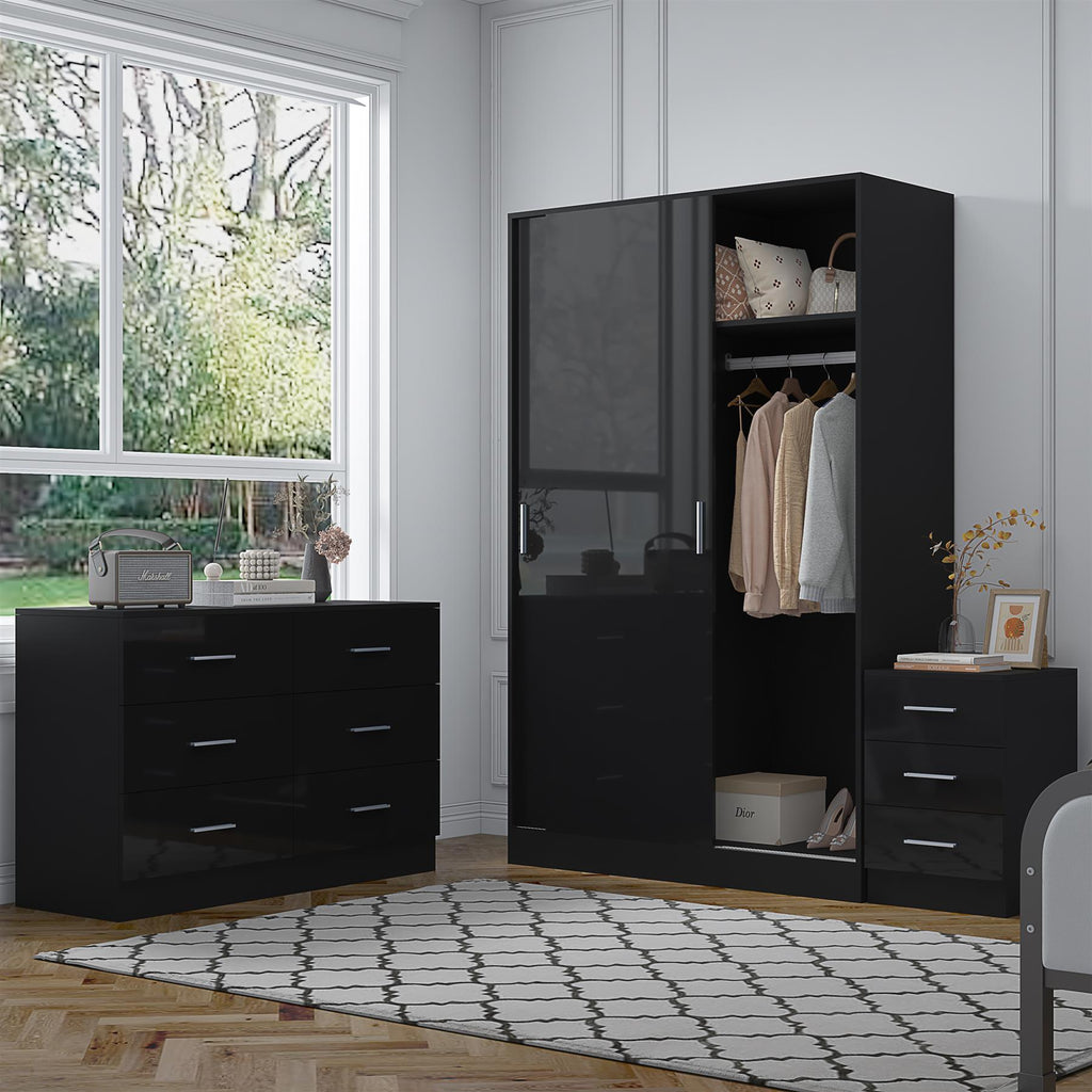 Reflect 2 Door Sliding Wardrobe, 6 Drawer Wide Chest, 3 Drawer Bedside - Black Gloss & Black Oak - Modern Bedroom Furniture Set