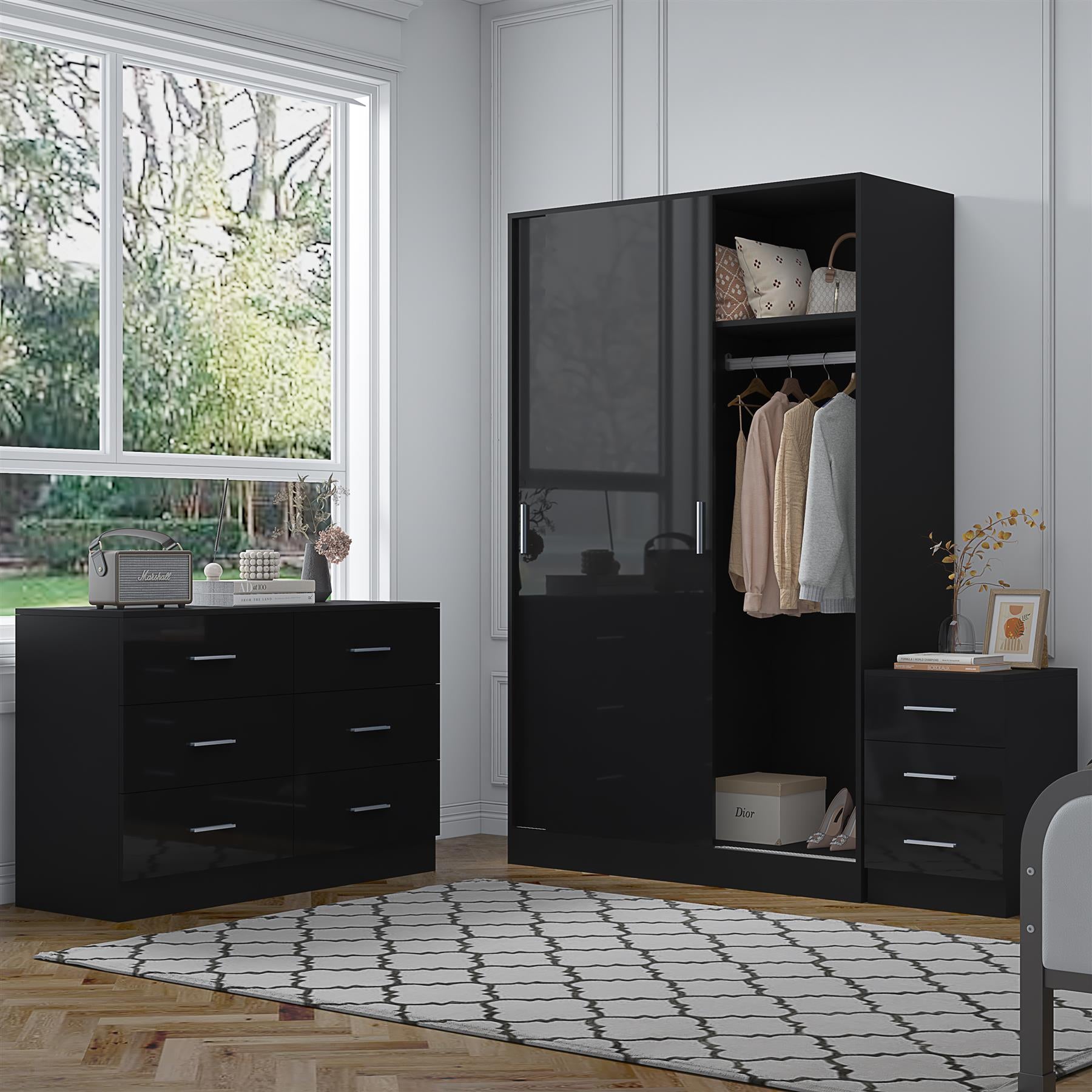 Reflect 2 Door Sliding Wardrobe, 6 Drawer Wide Chest, 3 Drawer Bedside - Black Gloss & Black Oak - Modern Bedroom Furniture Set