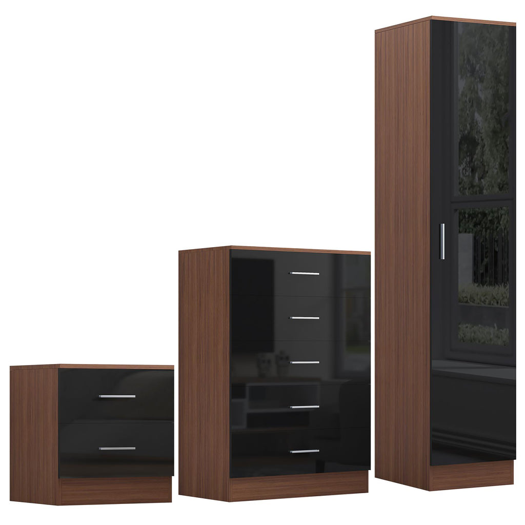 REFLECT Gloss 3pc Bedroom Set - 1 Door Wardrobe + 5 Draw Chest + Bedside