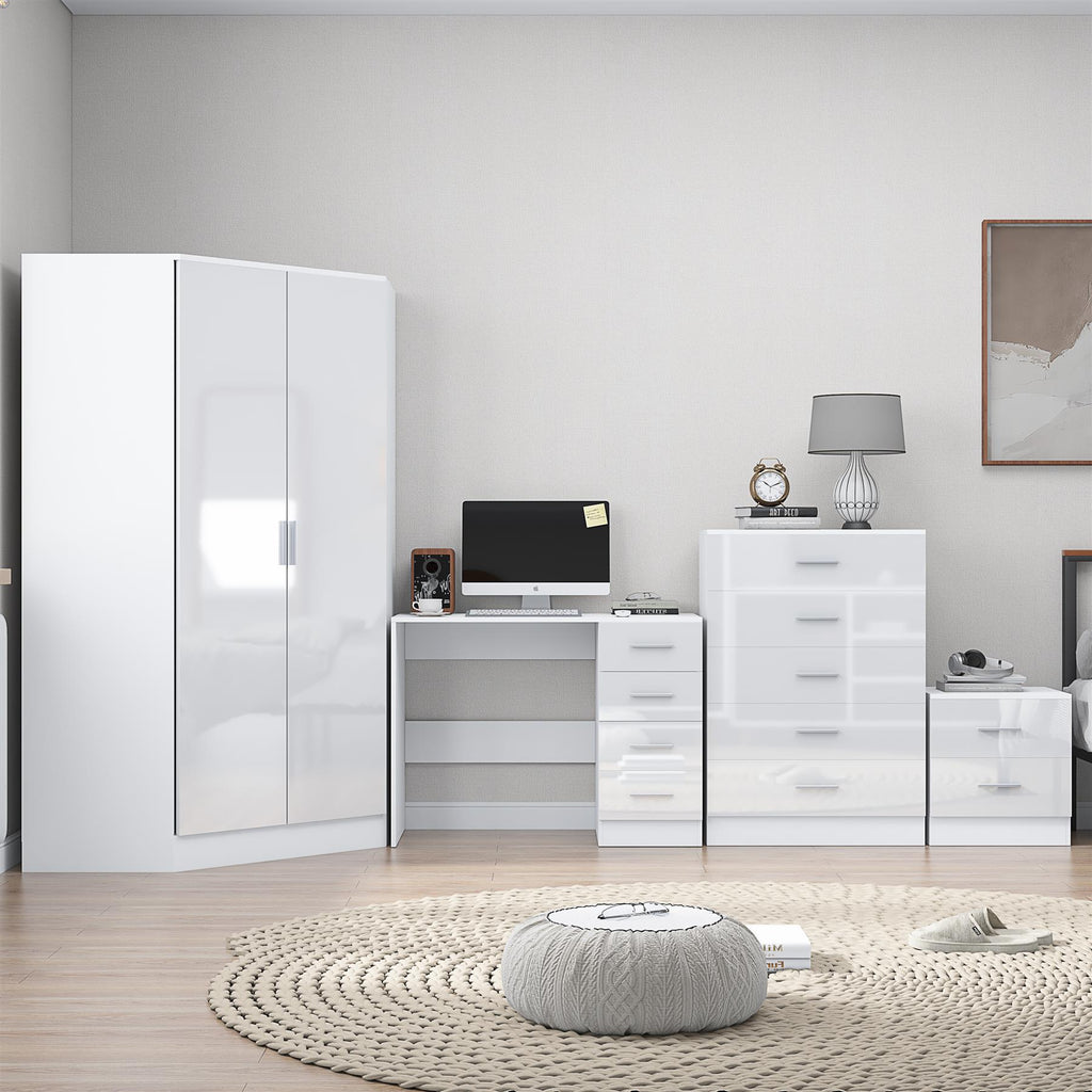 REFLECT Gloss 4pc Set - 2 Door Corner Wardrobe + 5 Draw Chest + Bedside + Desk