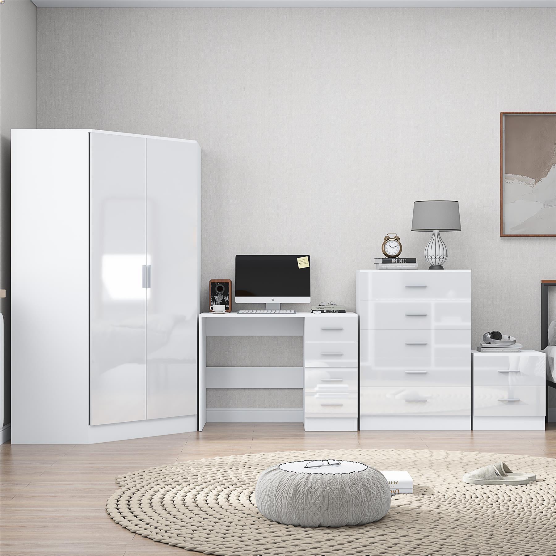REFLECT Gloss 4pc Set - 2 Door Corner Wardrobe + 5 Draw Chest + Bedside + Desk