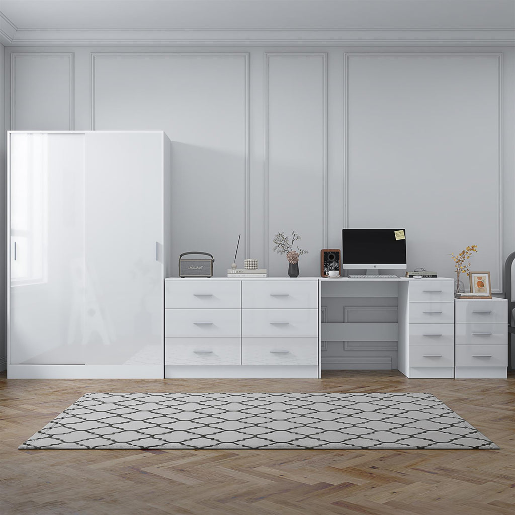 Reflect 2 Door Sliding Wardrobe, 6 Drawer Wide Chest, 3 Drawer Bedside, 4 Drawer Desk - White Gloss & Matt White - Modern Bedroom Furniture Set.