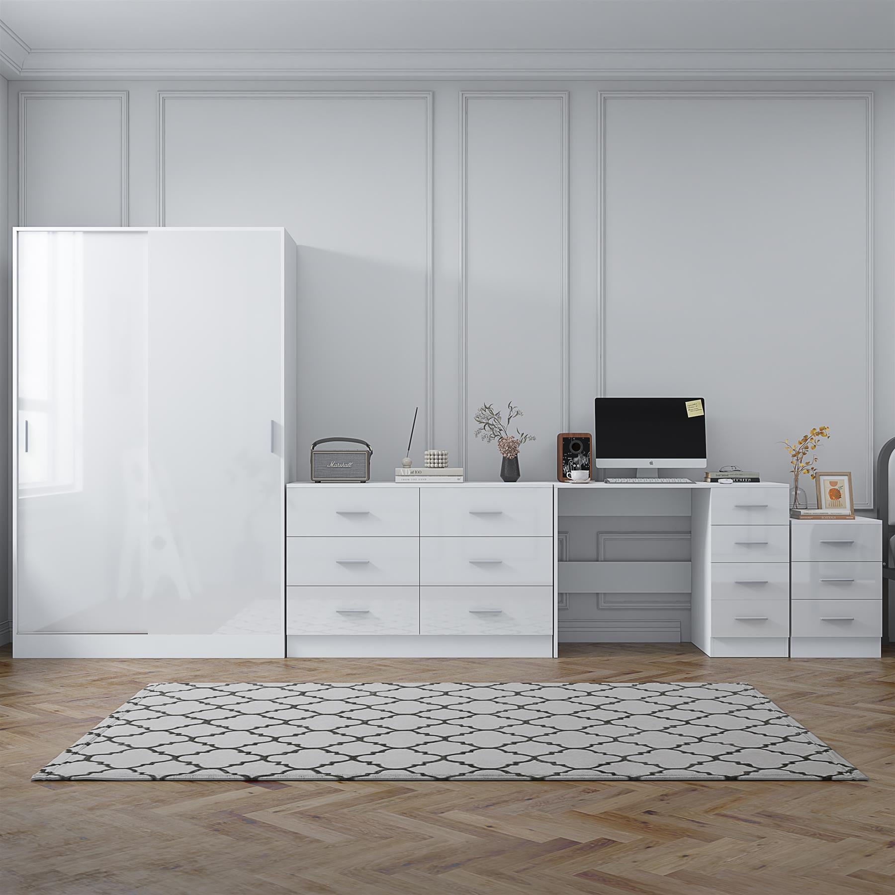 REFLECT Gloss 4pc Set - 2 Door Sliding Wardrobe + Wide Chest + Bedside + Desk.