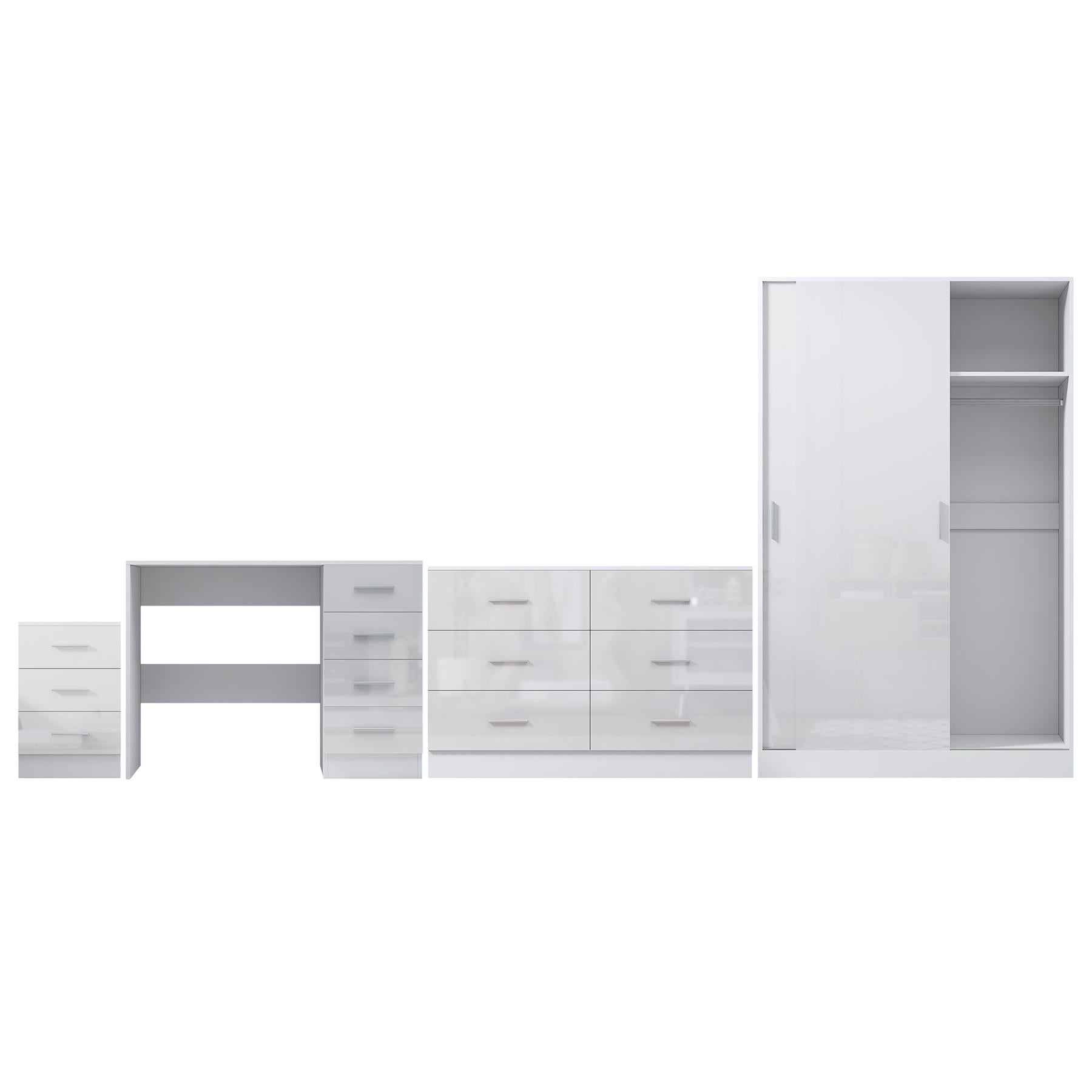 REFLECT Gloss 4pc Set - 2 Door Sliding Wardrobe + Wide Chest + Bedside + Desk.