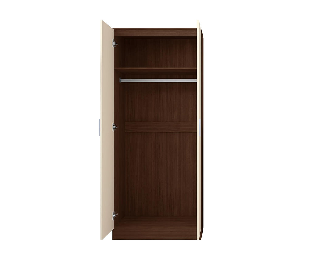 Reflect 2 Door Plain Wardrobe - Cream Gloss & Walnut - Hanging Rails & Shelves - H: 180cm x W: 76cm - Modern Sleek Design