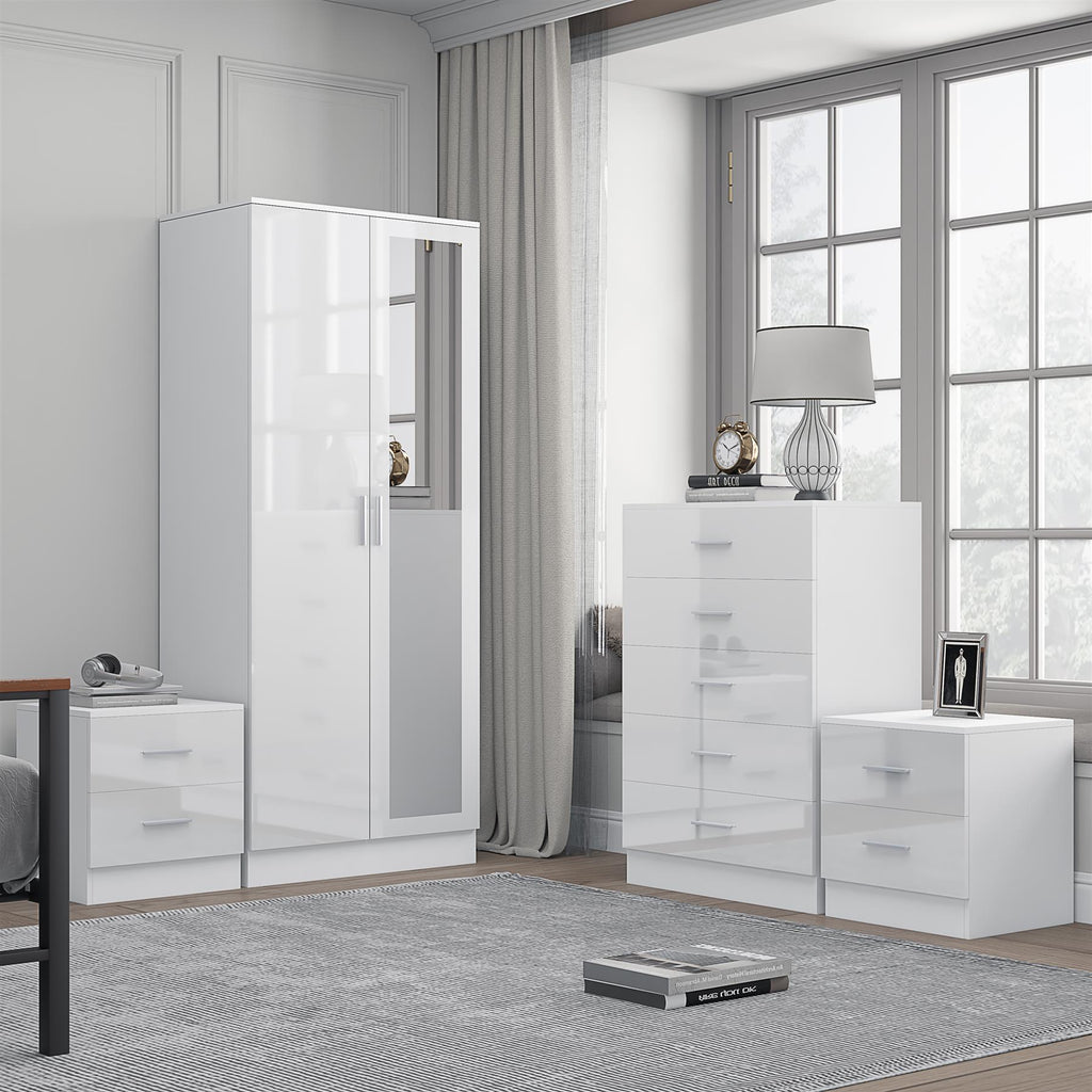 Reflect 2 Door Mirror Wardrobe, 5 Drawer Chest, 2x 2 Drawer Bedsides - White Gloss & Matt White - Modern Bedroom Furniture Set
