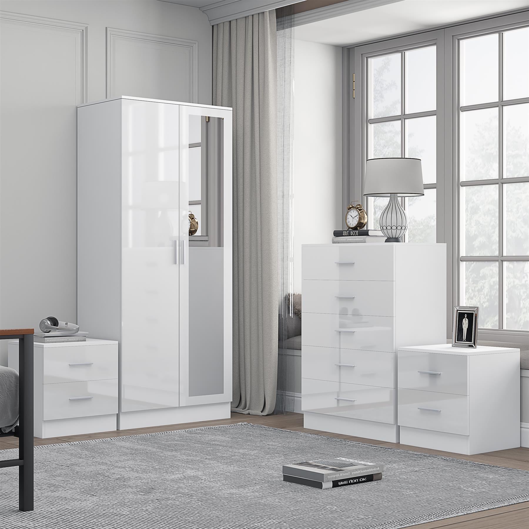 Reflect 2 Door Mirror Wardrobe, 5 Drawer Chest, 2x 2 Drawer Bedsides - White Gloss & Matt White - Modern Bedroom Furniture Set